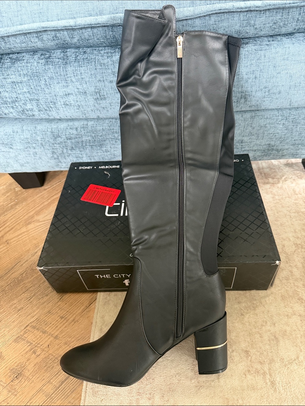 City Chic Priscilla Black Over-The-Knee Block Heel Boots with Gold Accent